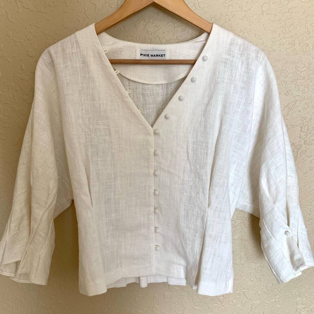 Pixie Market White Cream Linen Button Top - Picture 2 of 9